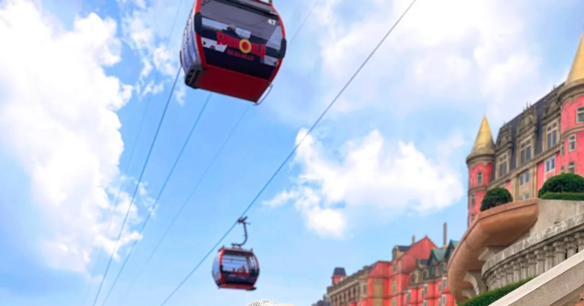 Ba Na Hills French Village with cable cars overhead — day trip from Hoi An by private car — Sun World Da Nang