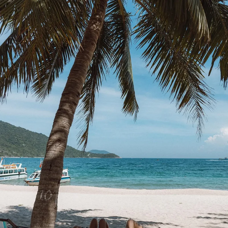 Relaxing on Bai Chong beach Cham Islands under a palm tree — turquoise water and speedboats — Cu Lao Cham day trip from Hoi An