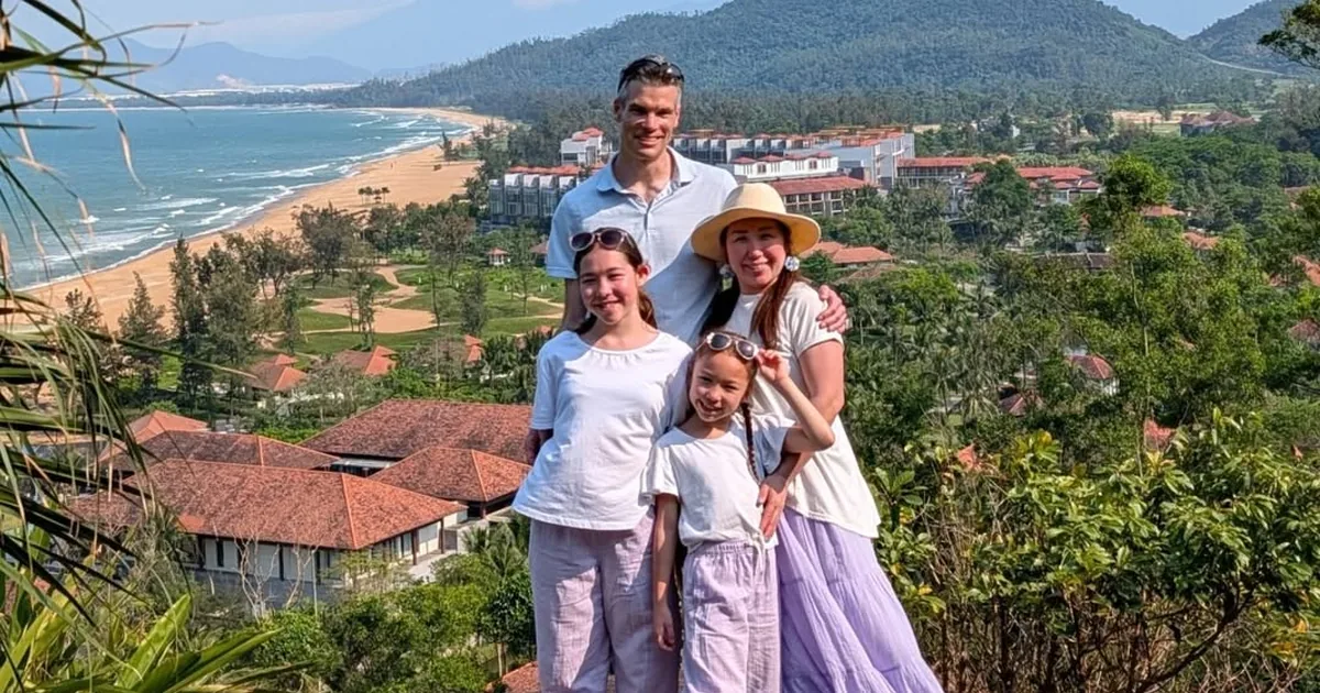 Banyan Tree Laguna Lang Co resort aerial view from hilltop — beach, mountains and South China Sea — Minh Vu Travel